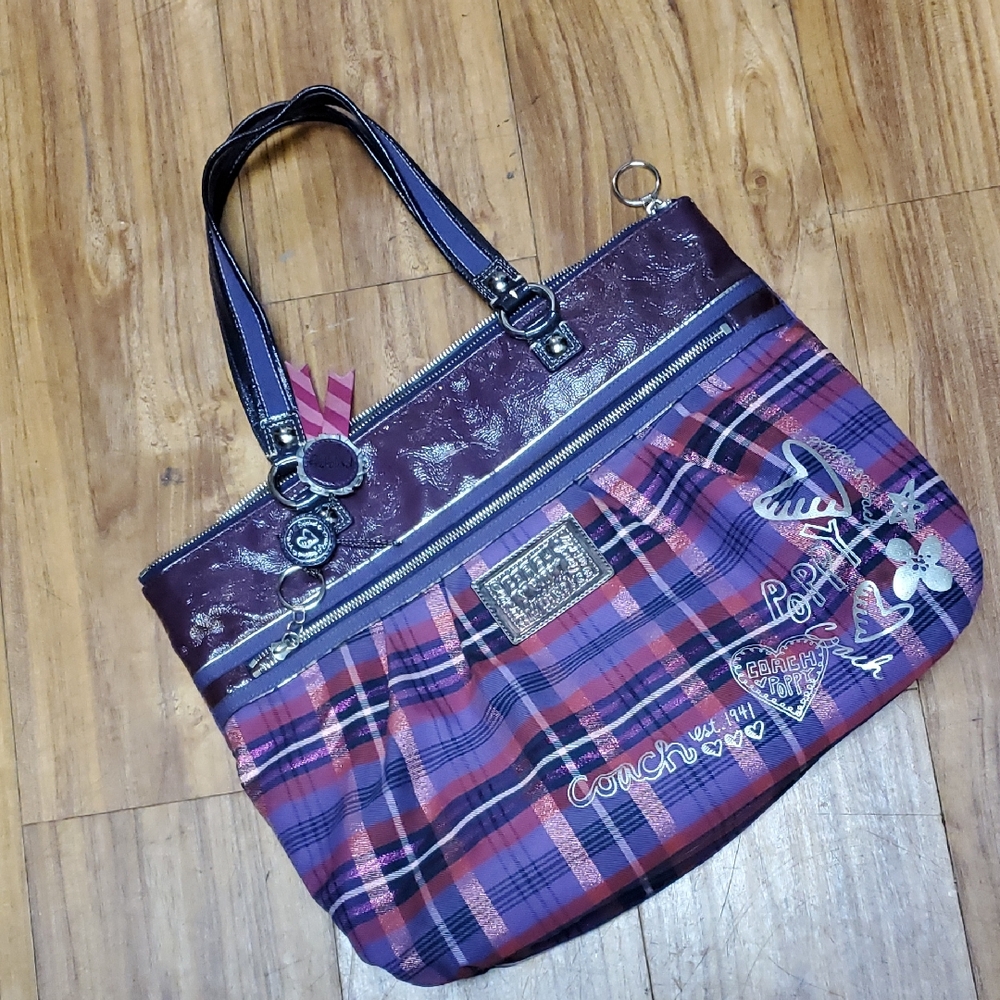 Coach Purple Plaid Tote Bag
